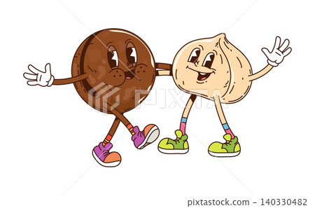Cartoon groovy macadamia nut and seed friends characters cheerfully hugging. Retro food personages with vintage hippie sneakers, capture funky y2k vibe of friendship, health, celebration and happiness Cartoon groovy macadamia nut and seed friends characters cheerfully hugging. Retro food personages with vintage hippie sneakers, capture funky y2k vibe of friendship, health, celebration and happiness 140330482