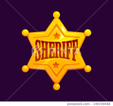 Wild West sheriff badge, golden western police officer star shield. Shiny six pointed golden star with red Sheriff text, small stars and golden ball tips. Cartoon vector badge for game interfaces Wild West sheriff badge, golden western police officer star shield. Shiny six pointed golden star with red Sheriff text, small stars and golden ball tips. Cartoon vector badge for game interfaces 140330488
