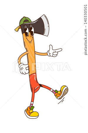 Cartoon funky groovy ax travel camp and tourism character. Isolated vector retro axe camping tool personage with friendly face, sharp blade and wood handle wears cap and sneakers ready for woodcutting 140330501