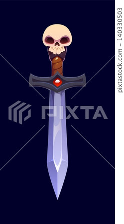 Cartoon Halloween dark fantasy Medieval sword with silver blade and skull on hilt, vector symbol. Magic sword with cross guard and red ruby crystal, Medieval dagger blade for vampire hunt on Halloween Cartoon Halloween dark fantasy Medieval sword with silver blade and skull on hilt, vector symbol. Magic sword with cross guard and red ruby crystal, Medieval dagger blade for vampire hunt on Halloween 140330503
