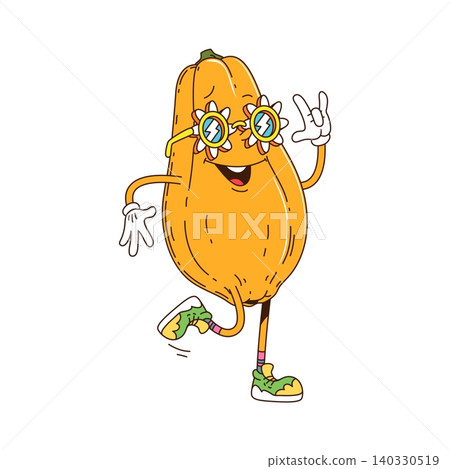 Cartoon funny groovy papaya fruit character in psychedelic hippie sunglasses. Isolated vector vintage ripe tropical fruit personage with expressive face, striking rock sign with cheerful expression Cartoon funny groovy papaya fruit character in psychedelic hippie sunglasses. Isolated vector vintage ripe tropical fruit personage with expressive face, striking rock sign with cheerful expression 140330519