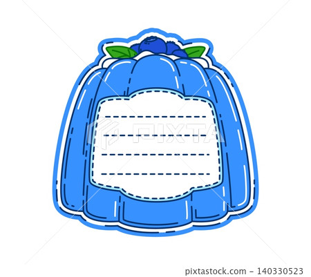 Ripe blueberry kids memo note frame. Cartoon vector cute blue jelly shaped recipe card template with blueberries on top and lined space for writing. dessert notepad page, kitchen label, food journal 140330523