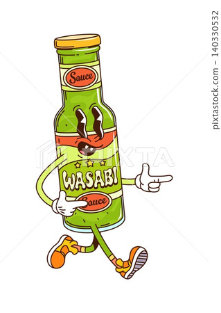 Cartoon funky groovy wasabi sauce bottle character. Isolated vector hot condiment package, playful food, Asian cuisine y2k personage with finger gun gestures and funny expression exudes spicy vibe Cartoon funky groovy wasabi sauce bottle character. Isolated vector hot condiment package, playful food, Asian cuisine y2k personage with finger gun gestures and funny expression exudes spicy vibe 140330532