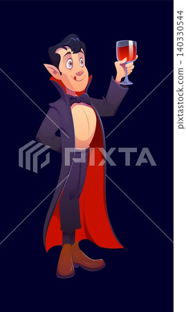 Halloween Dracula cartoon character in classic vampire outfit, vector personage. Halloween horror night holiday character of Dracula with high collar cape and wine glass goblet or blood cup cheers Halloween Dracula cartoon character in classic vampire outfit, vector personage. Halloween horror night holiday character of Dracula with high collar cape and wine glass goblet or blood cup cheers 140330544