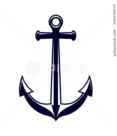 Ship anchor, marine armature. Sailor tattoo, element for sea travel agency monochrome vector black silhouette icon. Navy object, ocean fleet symbol. Heavy steel nautical sailing equipment 140330557
