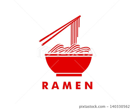 Asian ramen noodles bowl and chopsticks icon for Japanese or Chinese and Korean cuisine restaurant emblem. Ramen bowl with noodles hanging from chopsticks in red silhouette for fast food bistro bar Asian ramen noodles bowl and chopsticks icon for Japanese or Chinese and Korean cuisine restaurant emblem. Ramen bowl with noodles hanging from chopsticks in red silhouette for fast food bistro bar 140330562