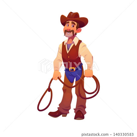 Cowboy with lasso, Wild West cartoon character or ranger bandit personage. Western cowboy man in sombrero hat with mustaches and lasso rope for horse rodeo, Arizona or Texas Wild West character 140330583
