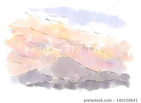 一幅水彩畫，描繪了黃昏時分富士山在大片雲朵的映襯下，展現了初夏時節從多摩地區看到的景象。 140330641