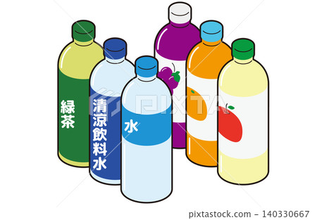 一組等距插圖（帶輪廓線），展示了排列成行的果汁、水、軟性飲料和綠茶瓶。 140330667