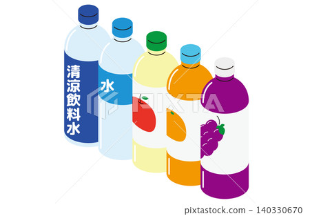 一組等距插圖(無輪廓線),顯示成對角排列的果汁瓶和水/軟性飲料瓶。 一組等距插圖(無輪廓線),顯示成對角排列的果汁瓶和水/軟性飲料瓶。 140330670