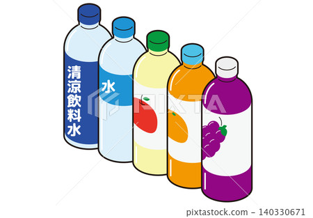 一組等距插圖(帶輪廓線),顯示成對角排列的果汁瓶和水/軟飲料瓶。 一組等距插圖(帶輪廓線),顯示成對角排列的果汁瓶和水/軟飲料瓶。 140330671