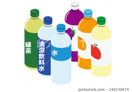 一組等距插圖(無輪廓線),展示了排列成行的果汁、水、軟性飲料和綠茶瓶。 一組等距插圖(無輪廓線),展示了排列成行的果汁、水、軟性飲料和綠茶瓶。 140330674