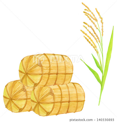 A set of hand-painted watercolor illustrations of three rice bales and rice stalks. A set of hand-painted watercolor illustrations of three rice bales and rice stalks. 140330893