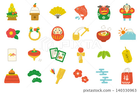 New Year's Day Hand-Drawn Icon Set - Simple and Cute Illustrations New Year's Day Hand-Drawn Icon Set - Simple and Cute Illustrations 140330963