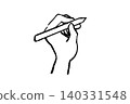 A line drawing illustration of a hand holding a pen, a simple design material featuring a hand-drawn style sketch and silhouette depicting the act of writing. 140331548