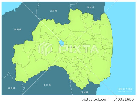 一套詳細的福島縣地圖，海洋和湖泊均已著色。 （包含鄰近的縣、市町村以及日文標註。） 140331699