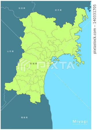 A detailed map series of Miyagi Prefecture, with seas and lakes colored in. (Includes neighboring prefectures, municipalities, and Japanese labeling.) A detailed map series of Miyagi Prefecture, with seas and lakes colored in. (Includes neighboring prefectures, municipalities, and Japanese labeling.) 140331705