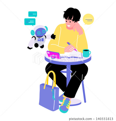 一幅插圖,描繪了一名男子在咖啡館裡一邊與人工智慧機器人交談一邊做筆記的場景。 (人工智慧生成,研究,應用) 一幅插圖,描繪了一名男子在咖啡館裡一邊與人工智慧機器人交談一邊做筆記的場景。 (人工智慧生成,研究,應用) 140331813