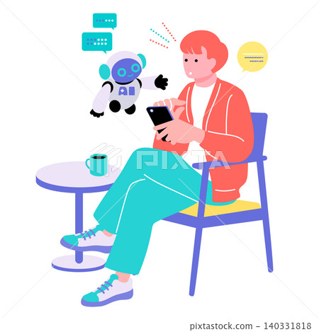 Illustration of a man sitting in a chair and conversing with an AI robot on his smartphone. (Generated AI, chat, application) Illustration of a man sitting in a chair and conversing with an AI robot on his smartphone. (Generated AI, chat, application) 140331818
