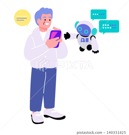 圖中一位中年男子正在透過智慧型手機與人工智慧機器人互動。 (運用人工智慧、老年人、數位科技產生) 圖中一位中年男子正在透過智慧型手機與人工智慧機器人互動。 (運用人工智慧、老年人、數位科技產生) 140331825