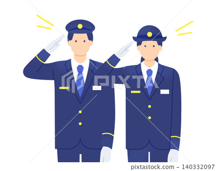 向量圖,一名男性和一名女性車站工作人員敬禮,上半身身著冬季制服。 向量圖,一名男性和一名女性車站工作人員敬禮,上半身身著冬季制服。 140332097