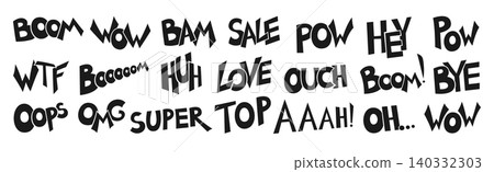 Text comic book speech pop bubbles funny slang phrases wording sound effects creative retro design Text comic book speech pop bubbles funny slang phrases wording sound effects creative retro design 140332303