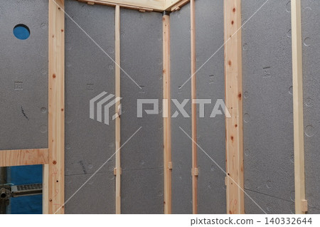 Timber Framing Structure of Residential Building at Construction Site, Low Angle View Timber Framing Structure of Residential Building at Construction Site, Low Angle View 140332644