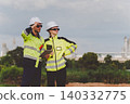 Professional field engineers evaluating operational scope during oil site inspection 140332775