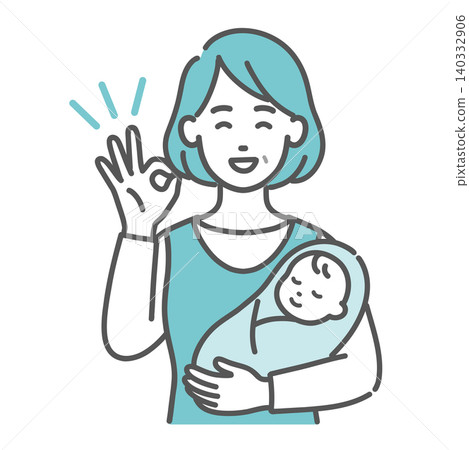 一幅插圖,描繪了一位中年母親抱著嬰兒,做出「OK」手勢。 一幅插圖,描繪了一位中年母親抱著嬰兒,做出「OK」手勢。 140332906