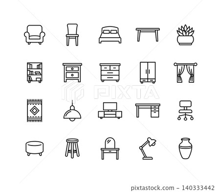 A set of simple line art icons for furniture and interiors. A set of simple line art icons for furniture and interiors. 140333442