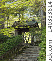 Stone steps and temple gate surrounded by fresh greenery 140333614