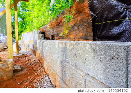 Workers build concrete retaining wall using gray blocks in residential area surrounded construction tools. Workers build concrete retaining wall using gray blocks in residential area surrounded construction tools. 140334102
