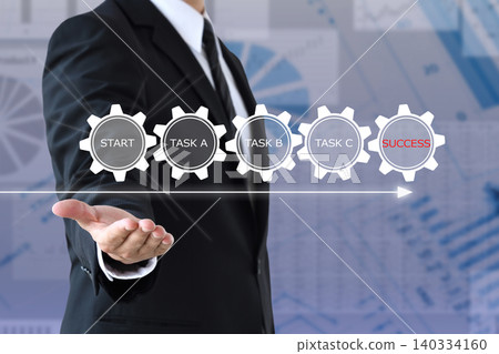 A static image representing businessmen automating their work and tasks as part of digital transformation (DX), depicted as gears. 140334160