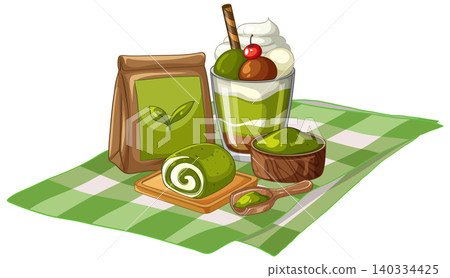 Matcha Green Tea Dessert Set with Parfait and Swiss Roll 140334425