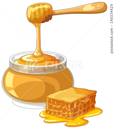 Golden Honey Dripping from Dipper into Glass Jar with Honeycomb Golden Honey Dripping from Dipper into Glass Jar with Honeycomb 140334429