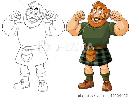 Smiling Cartoon Scottish Man Flexing in Tartan Kilt Smiling Cartoon Scottish Man Flexing in Tartan Kilt 140334432