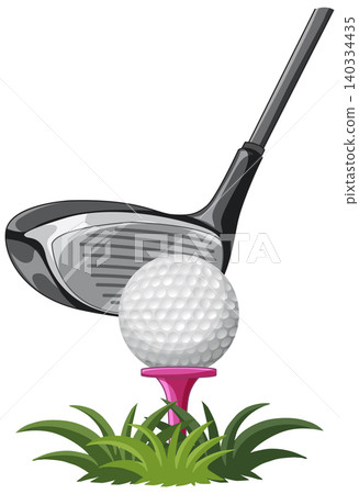 Golf Driver Club Aiming at Ball on Pink Tee in Grass 140334435
