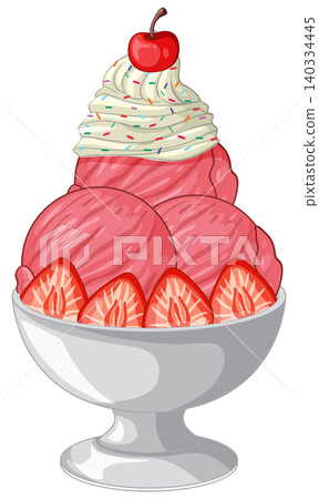 Strawberry Ice Cream Sundae with Whipped Cream and Cherry Topping 140334445