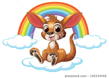 Cute Cartoon Baby Kangaroo Sitting on Clouds with Rainbow Background Cute Cartoon Baby Kangaroo Sitting on Clouds with Rainbow Background 140334448