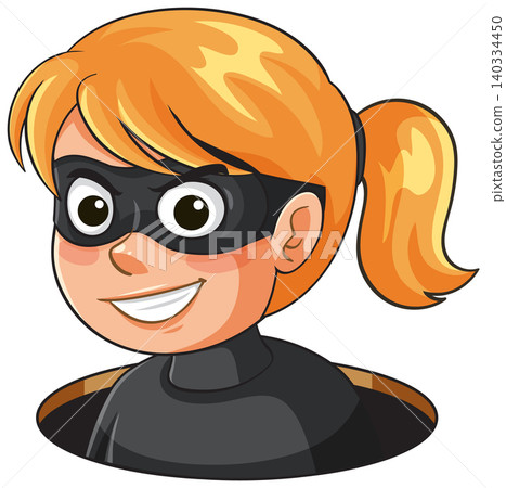 Smiling Female Robber Cartoon with Black Mask and Ponytail Smiling Female Robber Cartoon with Black Mask and Ponytail 140334450