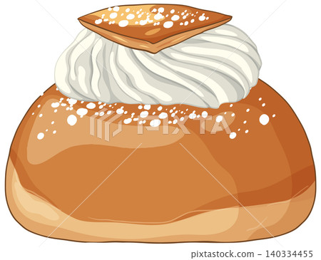 Traditional Swedish Semla Bun with Whipped Cream and Powdered Sugar Traditional Swedish Semla Bun with Whipped Cream and Powdered Sugar 140334455