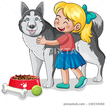 Happy Young Girl Hugging Her Siberian Husky Dog With Pet Supplies Happy Young Girl Hugging Her Siberian Husky Dog With Pet Supplies 140334460