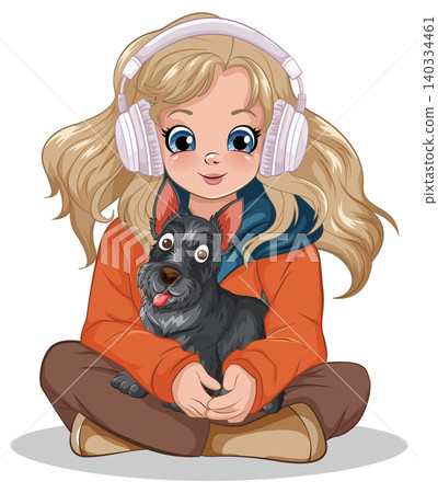 Young Girl with Headphones Sitting and Holding a Small Black Terrier Dog 140334461