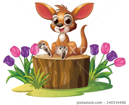 Cute Cartoon Baby Kangaroo Sitting on a Tree Stump with Spring Flowers Cute Cartoon Baby Kangaroo Sitting on a Tree Stump with Spring Flowers 140334486