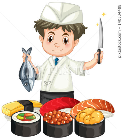 Cartoon Sushi Chef Holding Fresh Fish and Knife with Assorted Sushi Cartoon Sushi Chef Holding Fresh Fish and Knife with Assorted Sushi 140334489