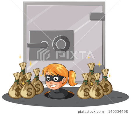 Cartoon Thief Emerging From Tunnel Near Bank Vault 140334498