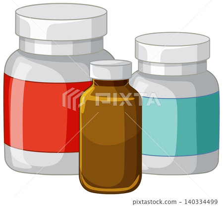 Three Plastic and Glass Medicine Bottles with Blank Labels 140334499