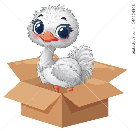 Cute Cartoon Baby Ostrich Sitting Inside an Open Cardboard Box 140334508