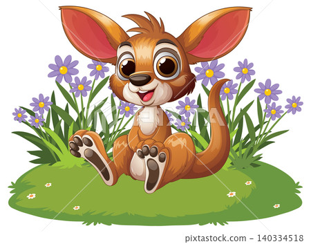 Cute Cartoon Baby Kangaroo Sitting in a Field of Purple Flowers Cute Cartoon Baby Kangaroo Sitting in a Field of Purple Flowers 140334518