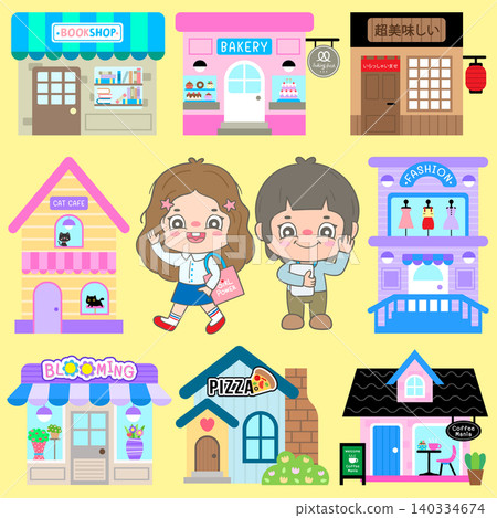 Cute City Life Shopping Street with Local Stores and Urban Boy Girl Characters Cute City Life Shopping Street with Local Stores and Urban Boy Girl Characters 140334674